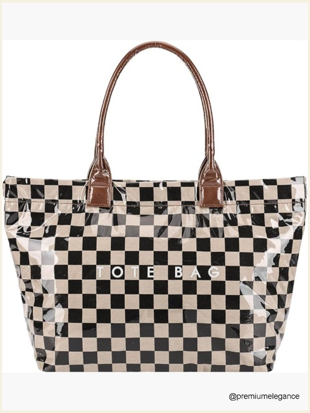 Checkered PVC Tote Bag with Zipper Large Hobo Handbag Tote Work Travel Beach